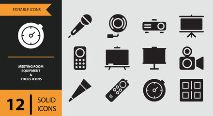 Essential solid icons for modern meeting room equipment, presentation tools, and collaboration