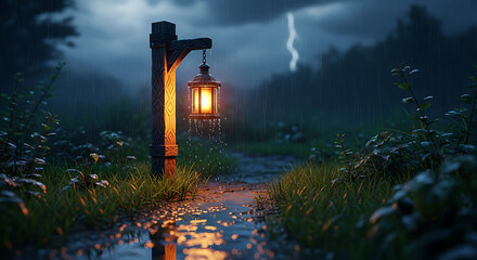 A solitary lantern illuminates a wet path through a misty forest during a thunderstorm.
