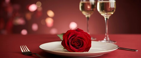 A romantic dinner setup with a red rose on a white plate and wine glasses