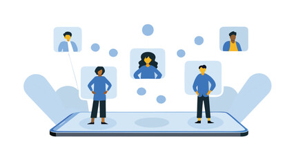 Flat illustration of people standing on a smartphone with thought bubbles of other people around them, representing social media and online