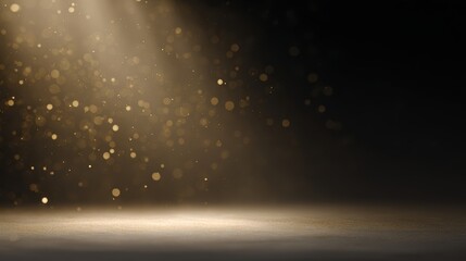 empty stage at night with golden confetti rain and spotlight, mockup with copy space for festive events, awards, or product display