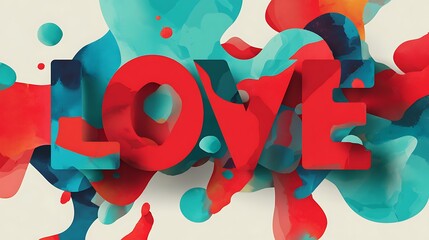 Colorful abstract with large red love text and blue red blobs