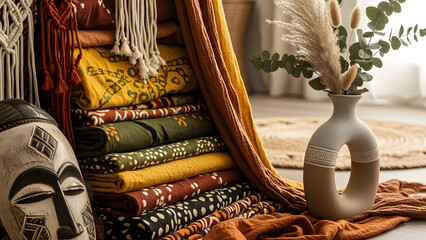 A vibrant afrobohemian home decor setting featuring colorful textiles and eclectic decor elements with a mix of patterns and earthy tones in a cozy indoor space
