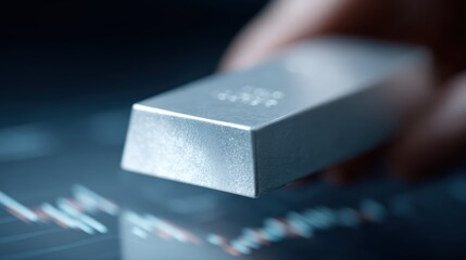 Close up of hand holding a silver bullion, blurred stock market data background, high-end financial trading concept, clean vector art