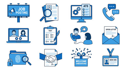 Business hiring process icons for recruitment and employment