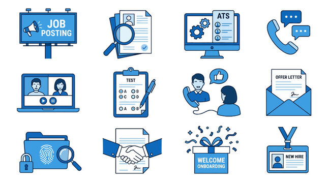 Business hiring process icons for recruitment and employment