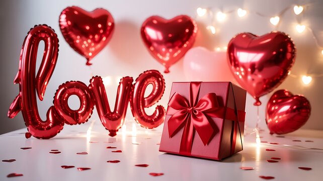 Red gift box with love balloons and heart shapes on table for valentines day - Powered by Adobe