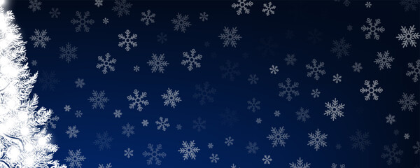 holiday christmas eve blue banner with snow fir tree and magical lights