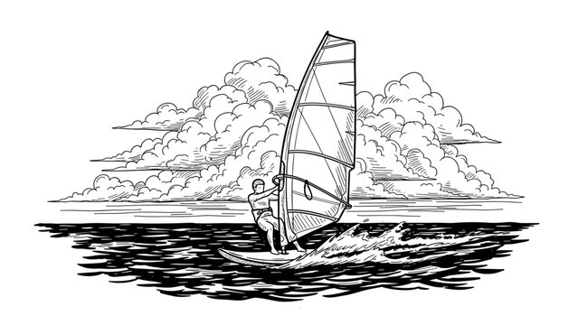 Black and white sketch of windsurfing in the ocean with cloudy sky