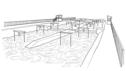 Obraz premium Linear drawing of canoe slalom course with detailed rapids and gates