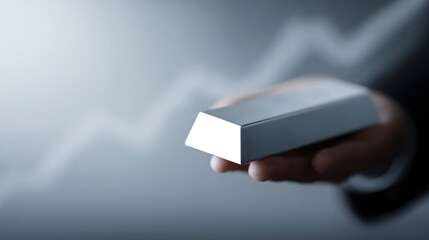 Businessman hand offering a shiny silver bar, financial investment report background, rising market chart, professional vector illustration
