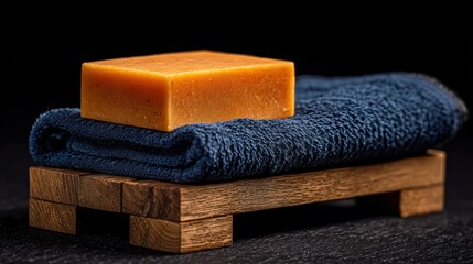 Handmade soap bar on folded navy blue towel atop wooden stand in minimalist setting