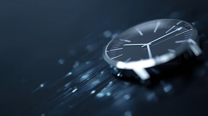 abstract time management technology, watch with arrow dial hovering over circuit line floor, strategic work and goal allocation concept