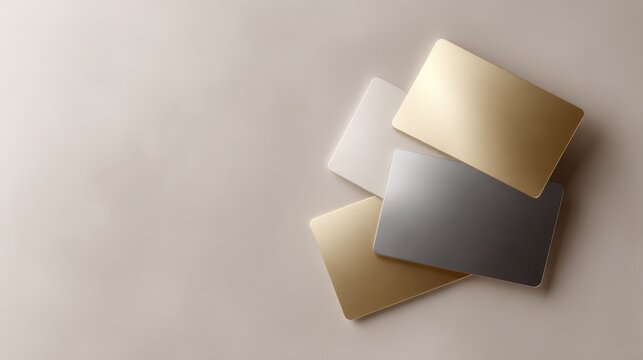 Four elegant credit card mockups floating on a neutral gray backdrop, gold and silver metallic finishes, sleek financial industry design, high-quality rendering