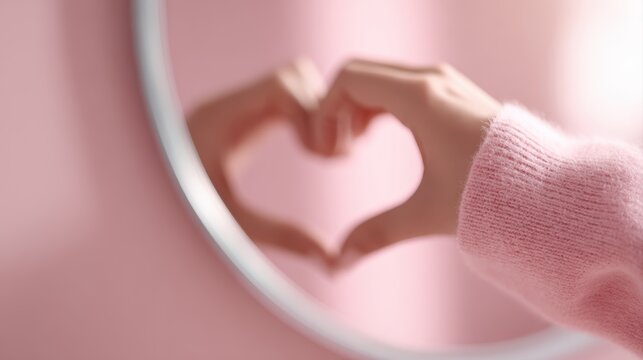love yourself concept photo, person making heart symbol with hands on mirror, romantic Valentine Day atmosphere