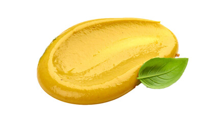 Fototapeta premium Mustard yellow sauce stain, isolated on a white background.