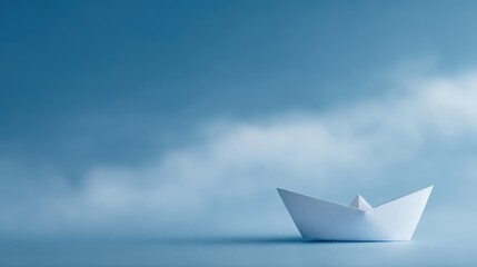 paper origami boat in vast blue sky, freedom ambition and imagination theme, airy minimal composition