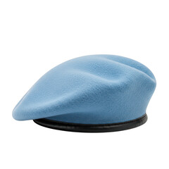 Light blue beret hat with black band isolated on transparent background