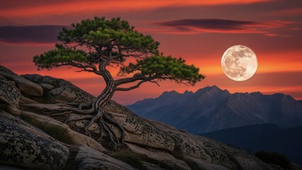 Serene tree on rocky mountain with full moon at sunset