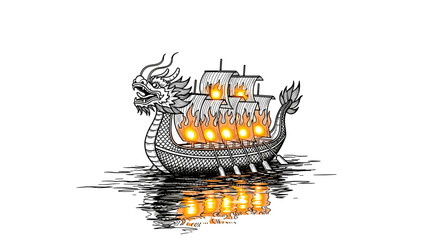 Dragon ship with fiery sails reflecting on water in intricate line art