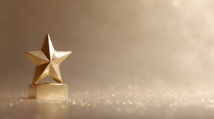 shiny golden star trophy on luminous base, surrounded by soft sparkles and glowing particles, achievement and festive concept