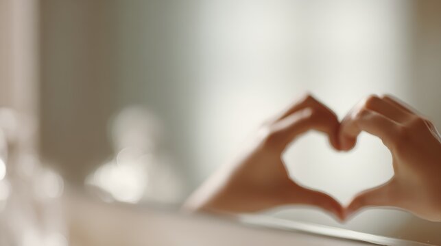 self love and relationship concept, hands creating heart shape on mirror, single person reflection, Valentine Day theme