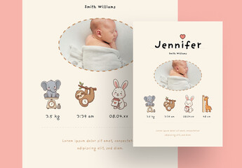 Cute Baby Arrival Card With Animal Icons