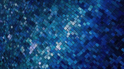 Abstract, tilted, 3D array of blue, iridescent, reflective squares that create dynamic pattern