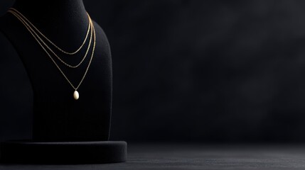 women jewelry display, gold and silver chains with pendant on black background, black stand for elegant presentation