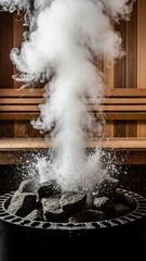 Hot stones steaming with vapor in traditional wooden sauna  