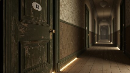 Vintage hotel corridor with door number 13 in dim lighting  