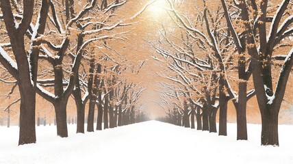Sunlit winter avenue of trees with snow on branches and warm orange leaves path