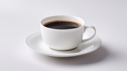 Americano coffee in cup with saucer, white background, morning drink for breakfast, simple elegant setup