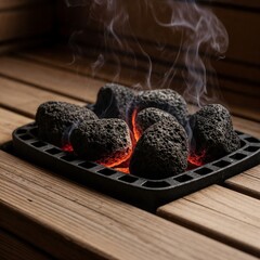 Heated volcanic rocks emitting smoke in a sauna setting on wooden bench  
