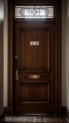 Wooden door with stained glass window in a dimly lit hallway  