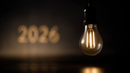 HAPPY NEW YEAR 2026 business celebration concept, vintage retro light bulb on table, 2025 year calendar, dark black night background, New Year Eve holiday mood