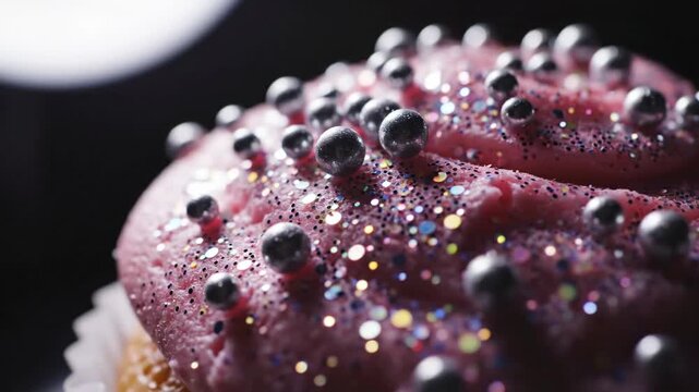 A delightful pink frosted cupcake with silver dragees and shimmering glitter, perfect for celebrations.