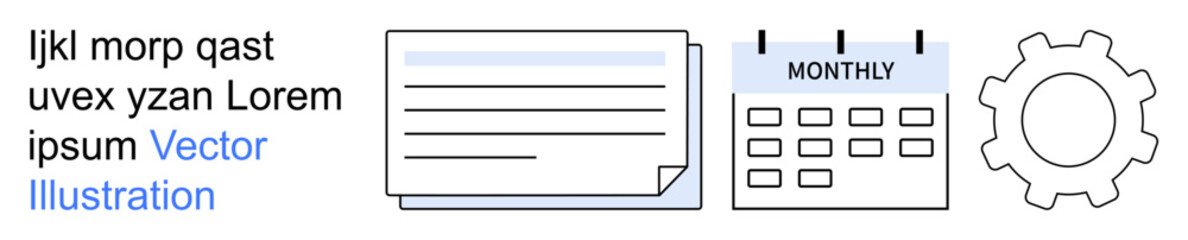 Obraz premium Project management, workflow organization, scheduling, task planning, productivity tools, business solutions. Graphic includes a text block, calendar document and gear icon. Workflow and scheduling