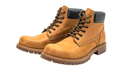 A pair of work boots in tan leather, laced up, and standing on a black background