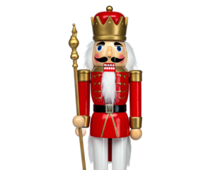 Regal, colorful wooden figure resembling a soldier, with a red uniform and gold accents