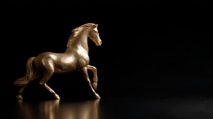 majestic golden horse sculpture rearing on black reflective background, strength success and elegance theme