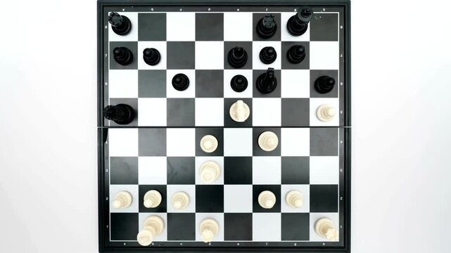 Metal-framed chessboard on white background, black and white pieces across the checkered grid detail