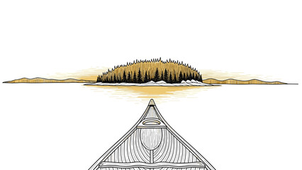 Canoe adventure toward serene island with forested landscape