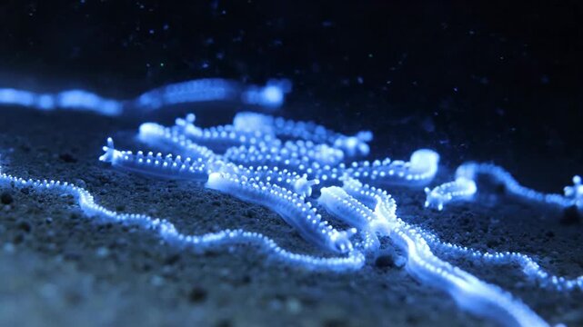 Bioluminescent Marine Creatures Glowing With Ethereal Blue Light on Sandy Seabed