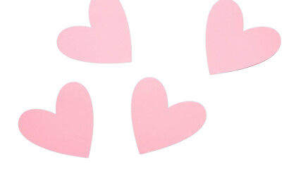 Soft pastel pink hearts scattered on a clean white background, symbolizing love and affection.