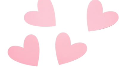 Soft pastel pink hearts scattered on a clean white background, symbolizing love and affection.