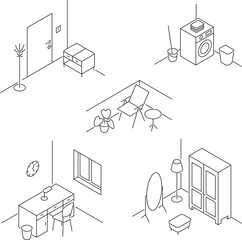 Minimalist line interior corner icons set. Set of five minimalist linear isometric interior corner illustrations including hallway, laundry area, home office workspace, wardrobe zone and balcony terra