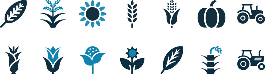 Agricultural icons featuring plants and tractors in blue and black