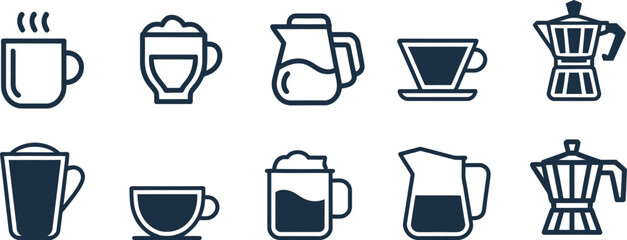 Set of coffee and tea icons in simple line style