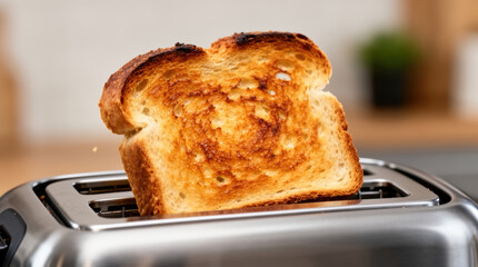 Golden slice of toasted bread leaping from a sleek silver toaster, captured in dramatic slow motion, evoking warmth and morning comfort
